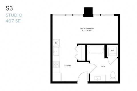 Floor plan for studio, 1 bath, 407 sqft